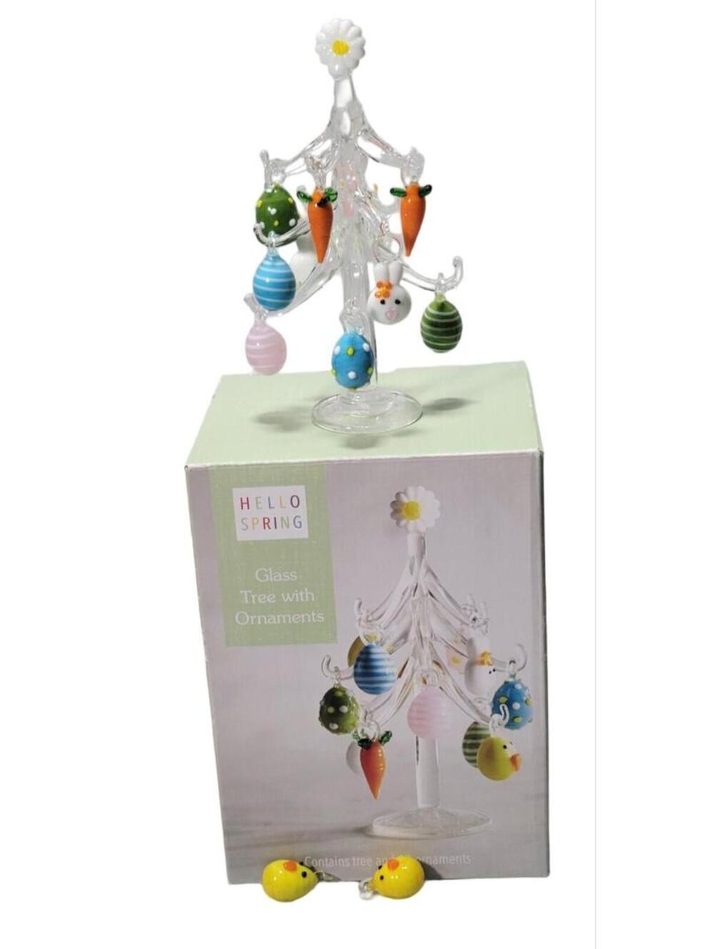 Pier 1 Glass Easter Tree With 12 Ornaments Eggs Bunnies Carrots Chicks READ